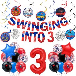 Spider Theme 3rd Birthday Party Supplies Decorations Swinging into 3 Banner Red Blue Spider Theme Number Foil Balloons Hanging Swirl Cards Cartoon Parties Spiders Birthday Party Supplies