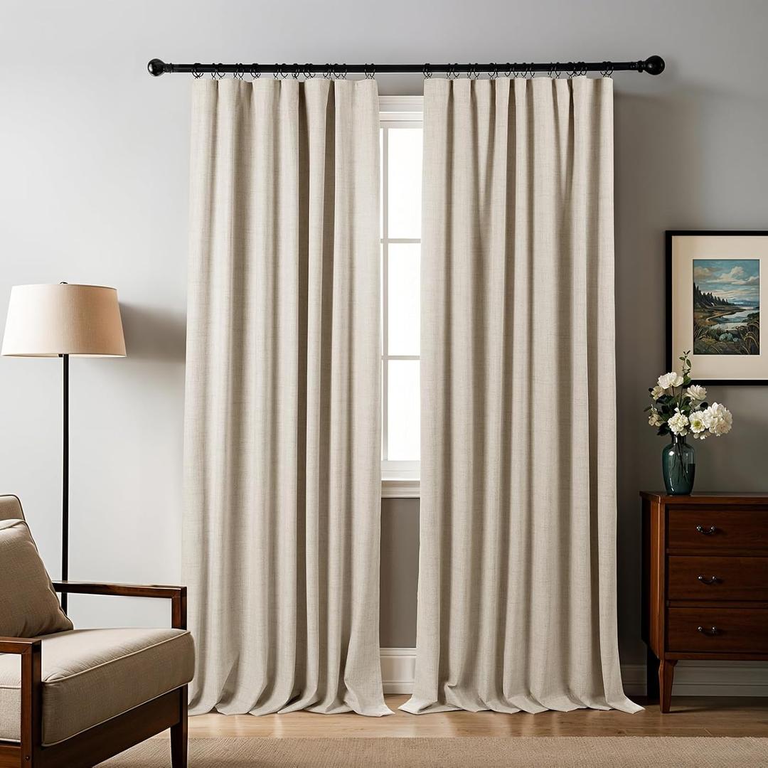 100% Blackout Curtains 96 inches Length Linen Blend Bedroom Curtains, Rod Pocket Back Tab Black Out Window Curtain Set Living Room Curtains, Full Blackout Curtains 2 Panels Drape, Natural
