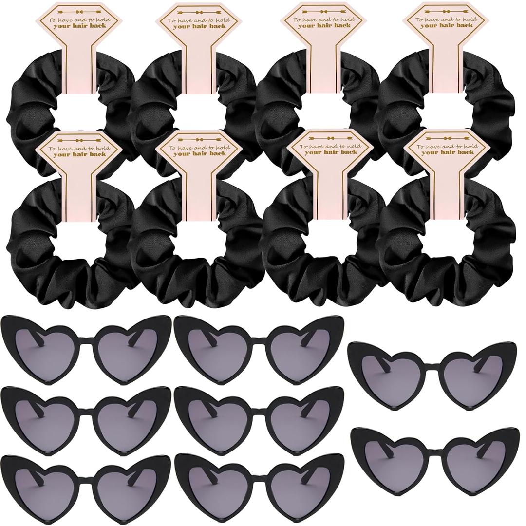 2 x Satin Bridesmaid Scrunchies Bachelorette Hair Ties Set of 6 sunglasses Bridal Shower No Damage Hairties ideas Gift for Wedding Party Favors Bridesmaid Proposal Gifts (8sets Black)