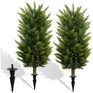 Set of 2 3FT Artificial Cedar Topiary Trees with Thickened Ground Spike, UV Resistant Faux Evergreen Bushes Fake Cypress Shrubs for Indoor Outdoor Front Porch Garden Decor