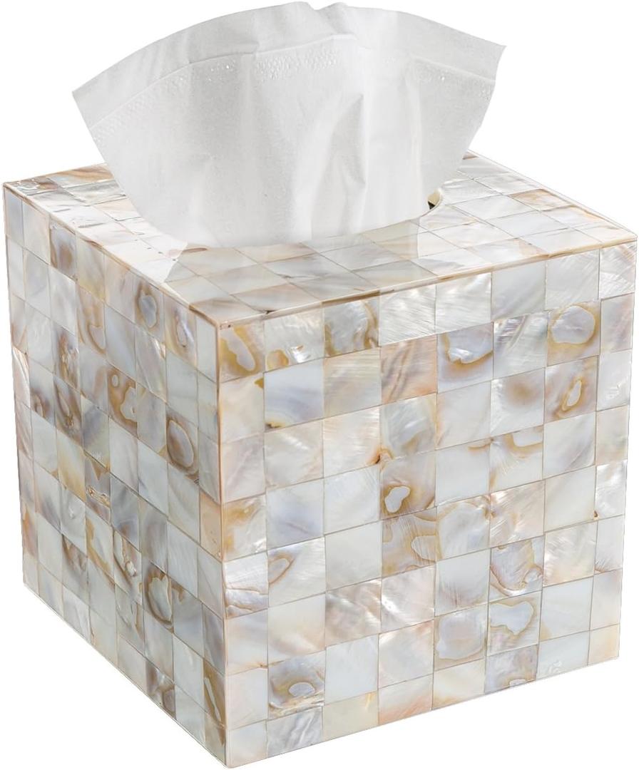 Milano Tissue Box Cover Square Decorative Tissue Holder for Bathroom - Beautiful Natural Mother of Pearl Capiz Shells Tissue Box Holder - Cube Tissue Box Cover with Durable Bottom Slider, Square Tissue Box Cover