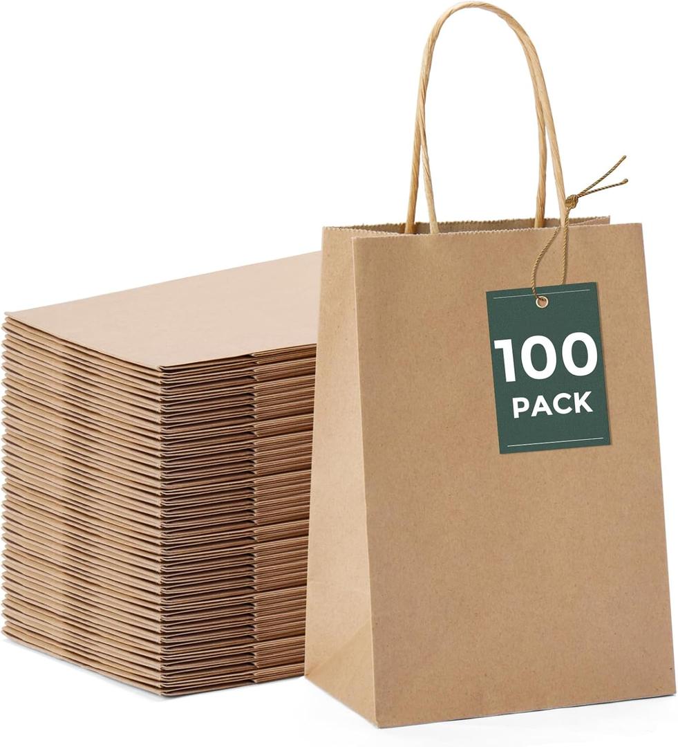 GSSUSA 100 Pack Paper Gift Bags 5.25x3.75x8 Inch Small Brown Paper Bags with Handles Bulk, Brown Kraft Bag for Small Business, Sturdy Grocery Retail Shopping Birthday Party Favor Craft Bag Made in USA