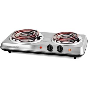 OVENTE Electric Countertop Double Burner, 1700W Cooktop with 6" and 5.75" Stainless Steel Coil Hot Plates, 5 Level Temperature Control, Indicator Lights and Easy to Clean Cooking Stove, Silver BGC102S