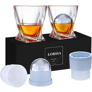 Whiskey Rocks Glass, Set of 4 (2 Crystal Bourbon Glasses, 2 Round Big Ice Ball Molds) In Gift Box - 11 Oz Old Fashioned Glasses for Scotch Cocktail Cognac Liquor, Unique Gifts for Men