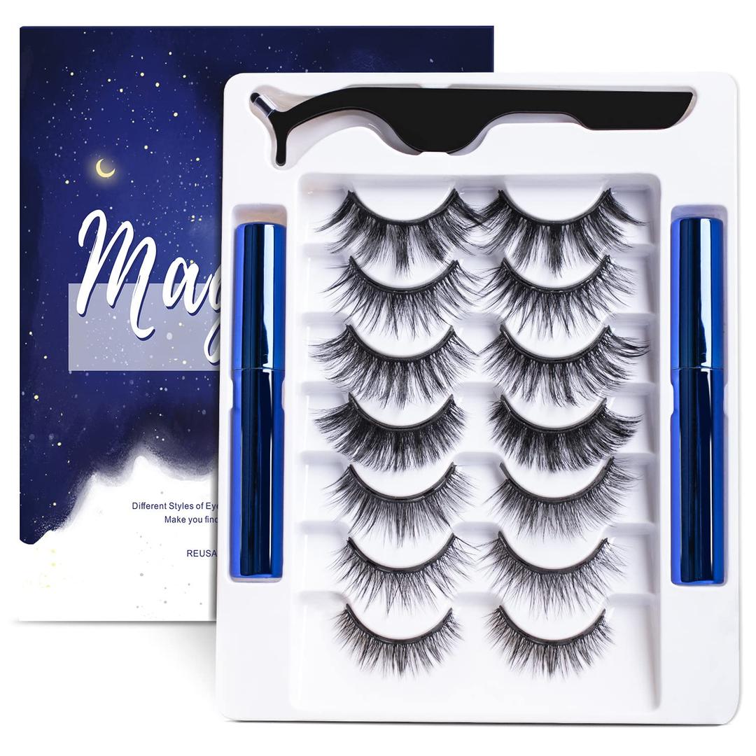 Magnetic Eyelashes Kit, 7 Pairs Reusable 3D Natural Look Magnetic Lashes with Eyeliner & Tweezers, No Glue Needed, Easy to Apply, Lightweight & Waterproof False Eyelashes (7 Pairs)