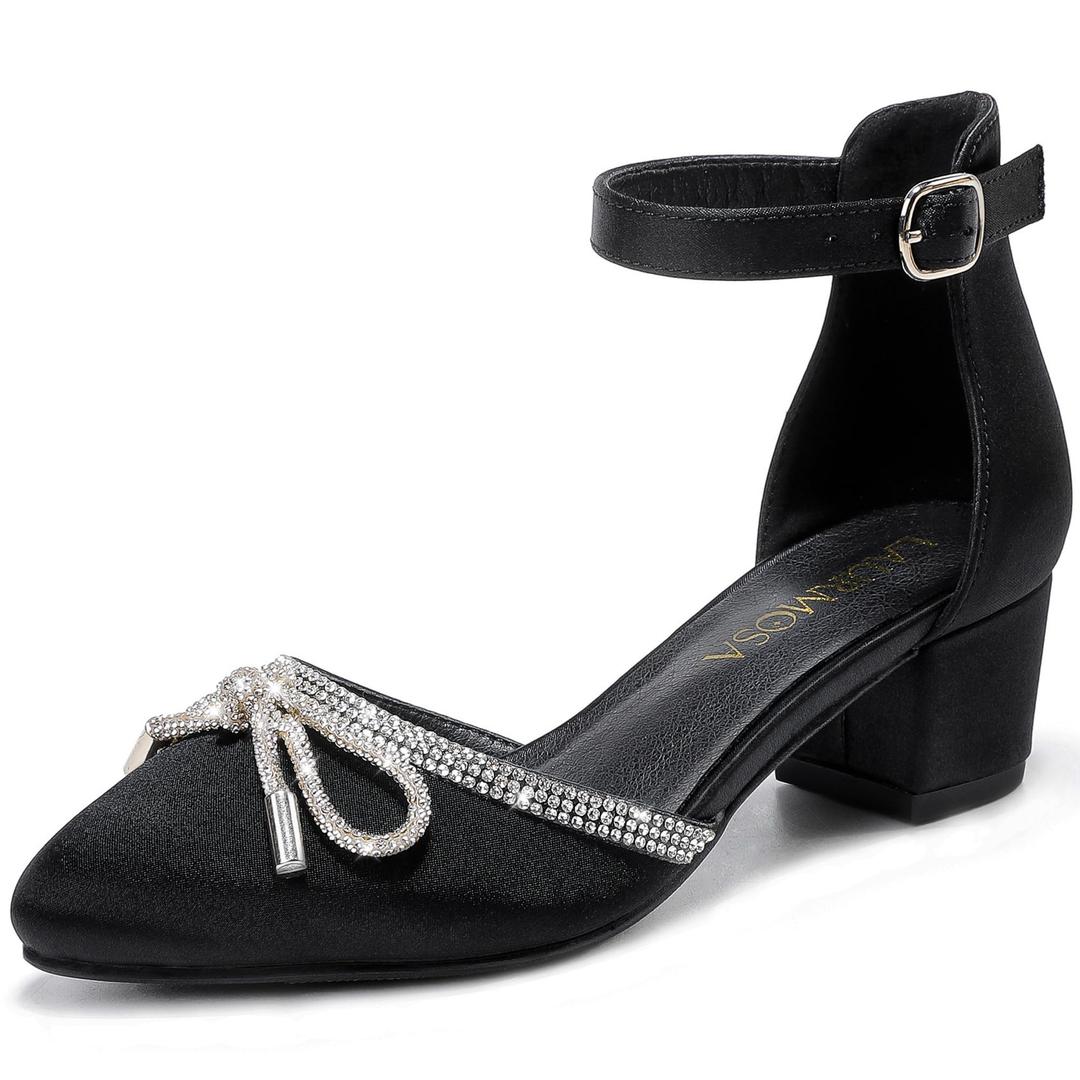 LAURMOSA Girls Sandals Closed Toe High Heels Pointed Toe Ankle Strap Pumps Flower Girl Dressy Shoes in Wedding Party Cute Bowknot Chunky Block Heeled for Little Big Kids, Size 5
