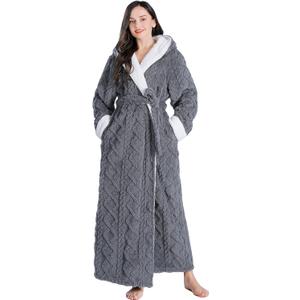 LKG Women's Robes Long Plush Hooded Ladies Shower Luxury Christmas Warm Fuzzy Robes House Coat Bathrobe for Women Full Length (Large, Gray)
