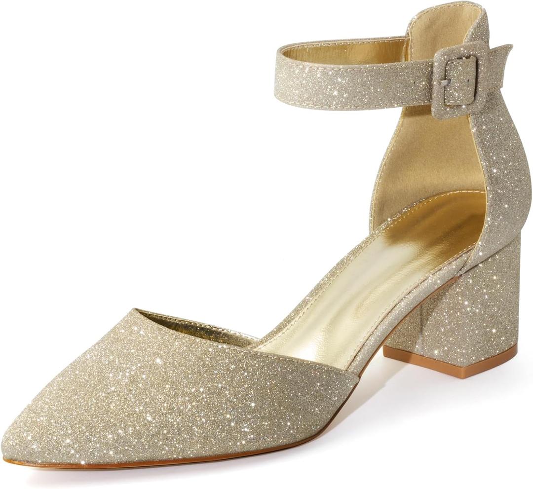 Women's Low Block Heels Chunky Closed Toe Pump Shoes with Ankle Strap (8)