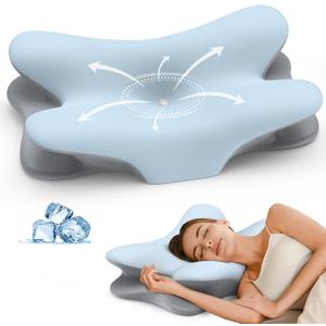 Cervical Neck Pillow for Pain Relief - Ergonomic Side Sleeper Pillow for Neck Support, Cooling Memory Foam Pillows for Sleeping, Contour Pillow Orthopedic Bed Pillow for Back Stomach Sleepers (Blue & Grey)