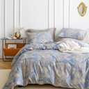 SUSYBAO Damask Floral Duvet Cover Queen 100% Cotton 3 Pcs Set 1 Vintage Beige Flower Duvet Cover with Zipper Ties 2 Pillowcases Farmhouse Grayish Blue Boho Paisley Bedding Set Soft