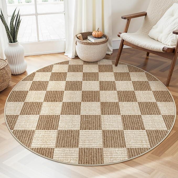 LIVEBOX Checkered Round Rug 4 Ft Washable Area Rug for Playroom Classroom, Kids Non-Slip Neutral Classic Circle Rug Geometric Large Carpet Soft Boys Nursery Rug for Dorm Bedroom(Green,120R) (Sage Green/Checkerboard)
