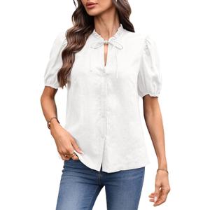Women's 100% Linen Button Tops Short Sleeve Ruched Collar Neck Tie Front Button Dwon 2026 Summer Blouse (White)