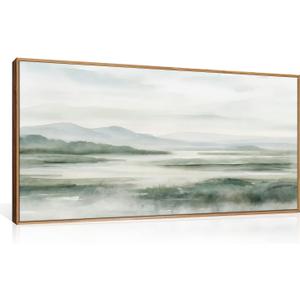 HOURIA Large Watercolor Misty Green Mountain Framed Canvas Wall Art,Neutral Brush Stroke Wall Decor,Modern Landscape Artwork,Nature Minimalist Art Print for Living Room,Bedroom,Office-20 x40 x1