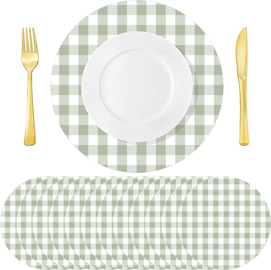 60 Pcs Green and White Gingham Disposable Paper Placemats Round Table Place Mat Summer Checkered Decorative Paper for Baby Shower Wedding Birthday Party Dinner Table Decor