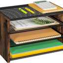 3-Tier Paper Letter Tray, Wooden Desk File Organizer, Stackable Metal Mesh Desk Organizer for Office Supplies. Small Paper Trays for Home Office School, Rustic Brown