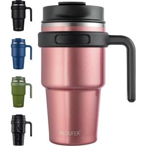 20 oz Insulated Coffee Mug Tumbler with Handle, Stainless Steel Travel Mug Tumbler with Lid and Straw,Double Wall Vacuum Leak Proof Ice Coffee Thermal Cup, Rose Gold