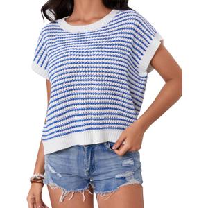 Milumia Women's Striped Short Sleeve Sweater Vest 2025 Summer Cap Sleeve Pullover Tank Top (Large, White and Blue)