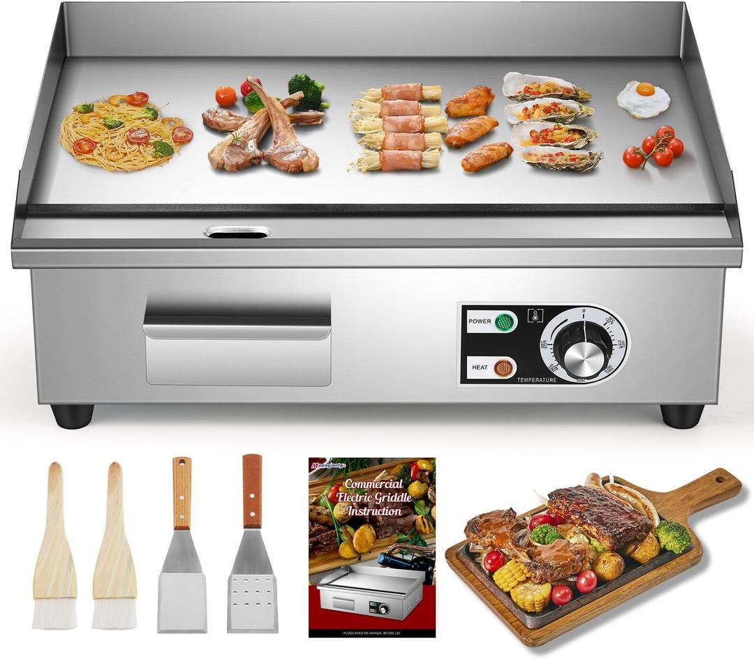 Moogiantgo Commercial Electric Griddle 22, 1600W Non-Stick Countertop Flat Top Grill Stainless Steel, Removable Oil Box, Adjustable Temperature 0-300, Teppanyaki Grill for Restaurant Kitchen, 110V