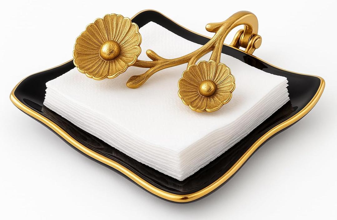 Bronze Gold Floral Napkin Holder Decor - Golden Brass Flower Detail & Black Reflective Tray, Paper Towel & Display Leaf, Two Tone for Weddings, Dinner Parties, Housewarming Gifts, Baroque Tray Basket