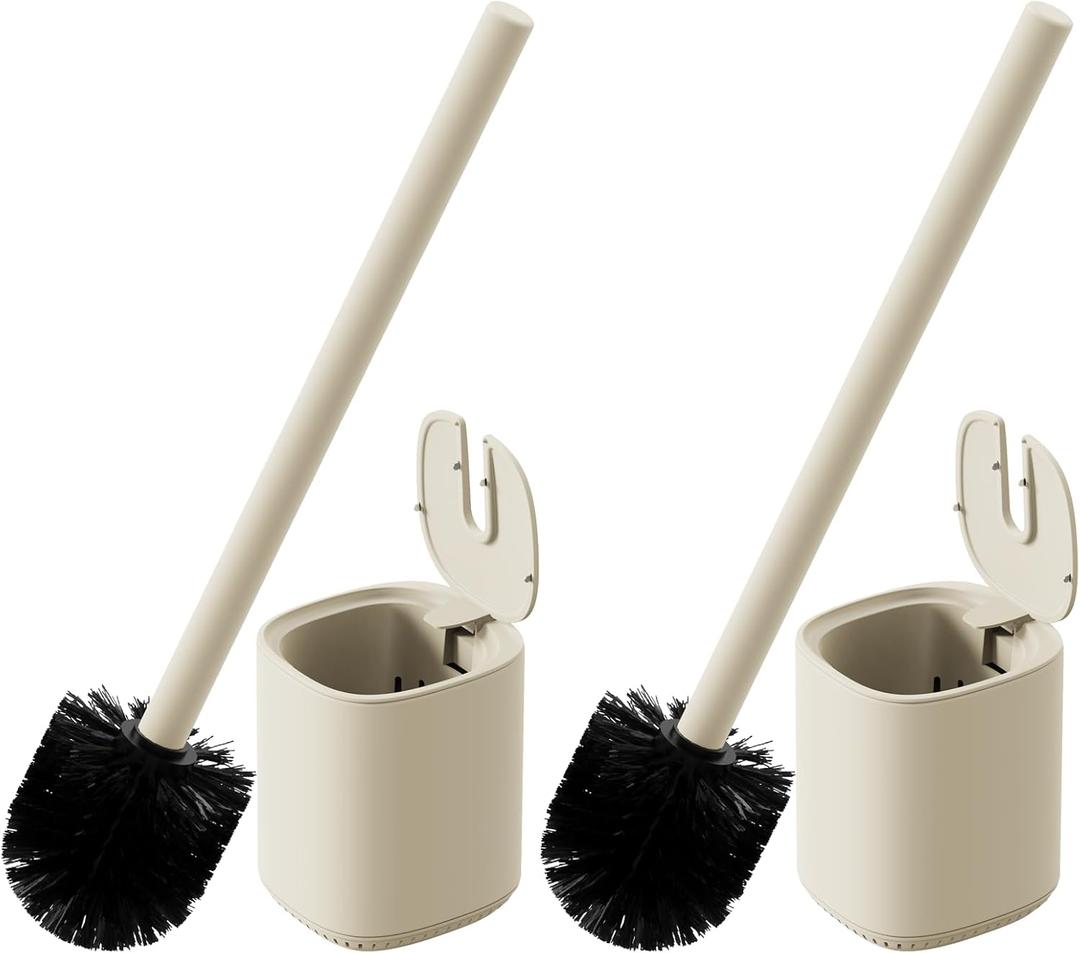 Toilet Brush and Holder Set Toilet Bowl Brush Stainless Steel Automatic Toilet Bowl Cleaner Brush with Durable Bristle Head Toilet Cleaning Brush for Bathroom 2 Pack Set Cream