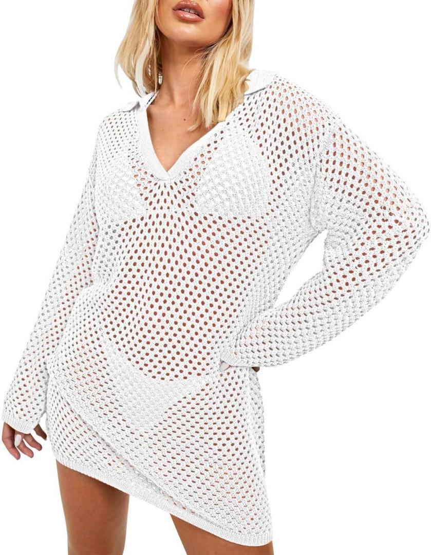 Pink Queen Crochet Swimsuit Cover Up for Women 2025 Sexy Hollow Out Bikini Bathing Suit Coverup Knit Beach Swimwear Dress (White, M)