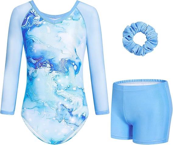 Gogokids Gymnastics Leotards for Girls Sparkly Marble Mesh 3/4 Sleeve Ballet Dance Unitards Biketards with Shorts for 7-8Y