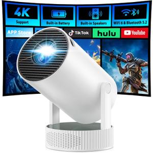 Mini Projector, Projector with Wifi and Bluetooth Built-in Battery 4K Portable Projector for Outdoor Bedroom, Smart Projectors 1080P Compatible with iPhone/TV Stick/HDMI/Laptop