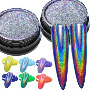 GA&EN Nail Glitter 2 Jars Holographic Nail Powder Fine Rainbow Holo Mermaid Unicorn Mirror Laser Effect Multi Chrome Manicure Pigment Glitter Dust + 6PCS Sponge Tools for Salon Home Nail Art DIY Decor