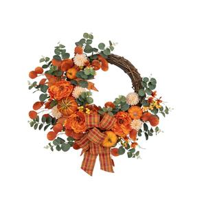 Oairse 60cm/24inch Artificial Fall Half Wreath for Front Door Autumn Wreath with Pumpkin Peony Eucalyptus Chrysanthemum and Ribbon for Halloween Thanksgiving Indoor Outdoor Farmhouse Window Wall Décor