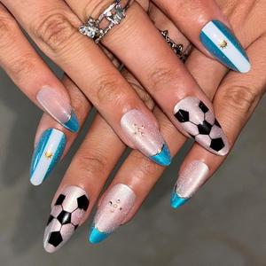 3 x 24 Pcs World Cup Argentina Press On Nails - Blue Cat Eye | Medium Almond Fake Nails Press ons with French Tip & Soccer Designs Reusable Glue On Nail Kit with Adhesive Tabs for Women Manicure