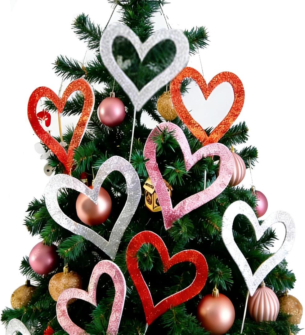 CINIQY Glitter Valentines Day Decor Heart Picks, 12pcs 7×7.5" Large Valentine Tree Ornaments, Red Pink White Floral Picks For Wedding Anniversary Engagement Office Garlands Mantels Table Home Decor