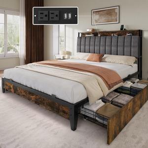 DWVO Full Size Bed Frame, Upholstered Platform Bed Frame with Charging Station/4 Drawers, Storage Headboard Metal Bed Frame Strong Wooden Slats, No Box Spring Needed, Fast Assembly, Rustic Brown