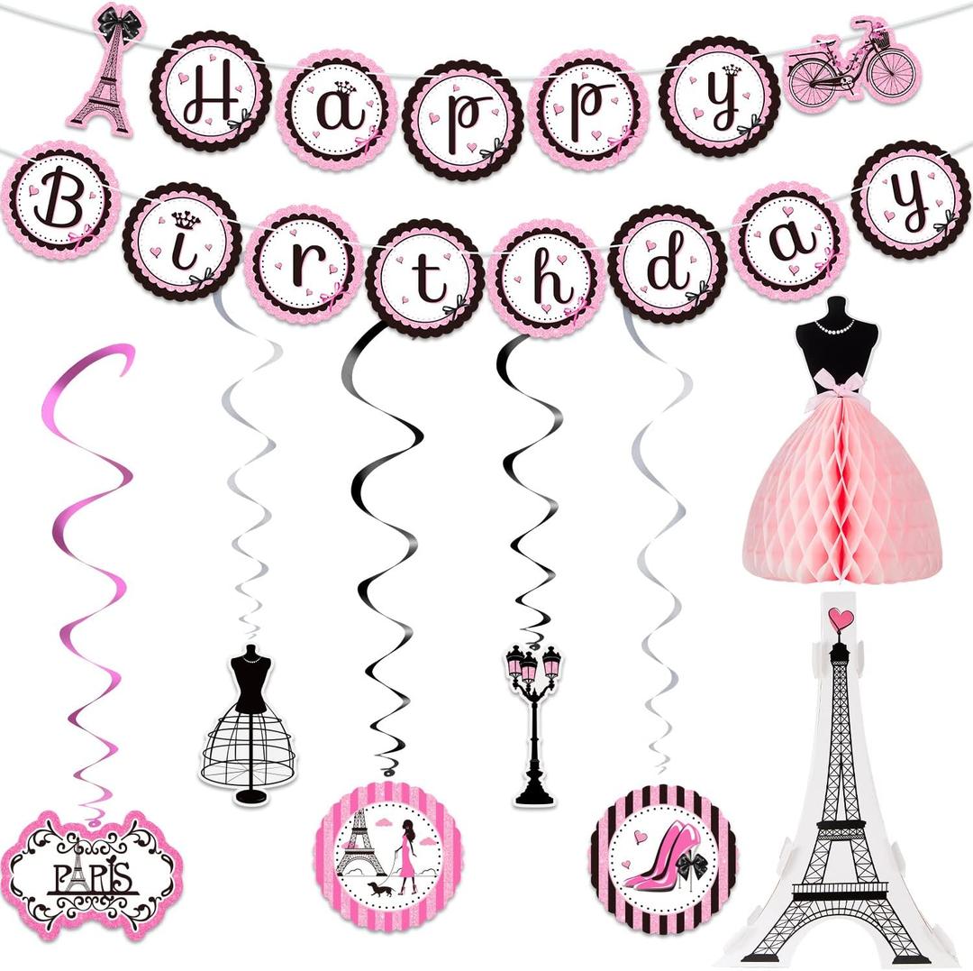 Outus Paris Birthday Party Decorations Set, Eiffel Tower Themed Decoration for Oh La La Baby Shower, Paris Banner Honeycomb Centerpiece Cutout Hanging Swirl Decoration for Theme Party Supplies