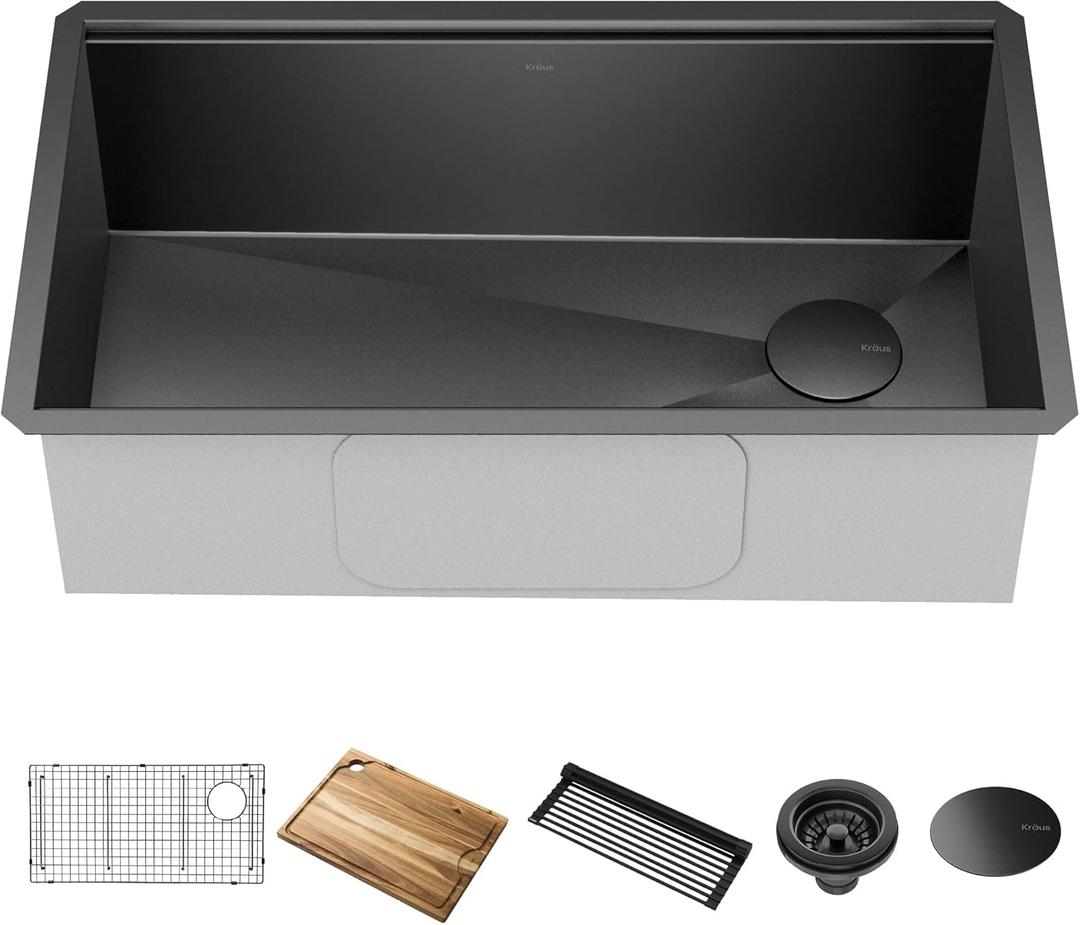KRAUS Kore Workstation 32-inch Undermount 16 Gauge Black Stainless Steel Single Bowl Kitchen Sink in PVD Gunmetal Finish with Accessories, KWU110-32/PGM