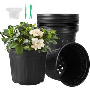 24 Pack 3 Gallon Nursery Pots, Thickened Soft Black Plastic Plant Pots with 24Pcs Waterproof Plastic T-Type Plant Tags and 2Pcs/Set Transplanting Digging Mini Tools, 10.4 inches x 7.8 inches