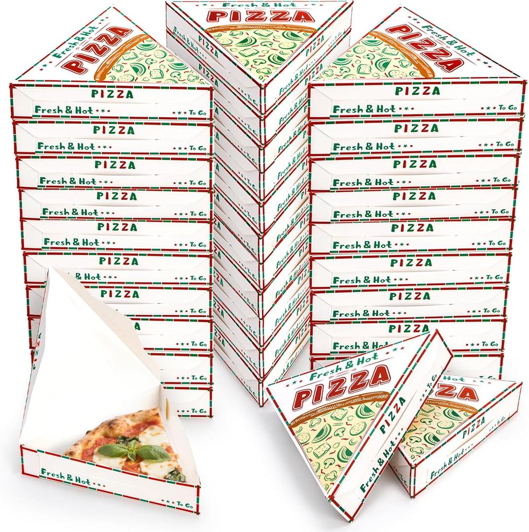 100 Pack Pizza Slice Boxes, 9.3 x 9.1 x 1.8 Inch Grease Resistant Single Pizza Tray Disposable with Colorful Print, Paperboard Triangle Food Container Holder for Birthday Wedding Party Supplies