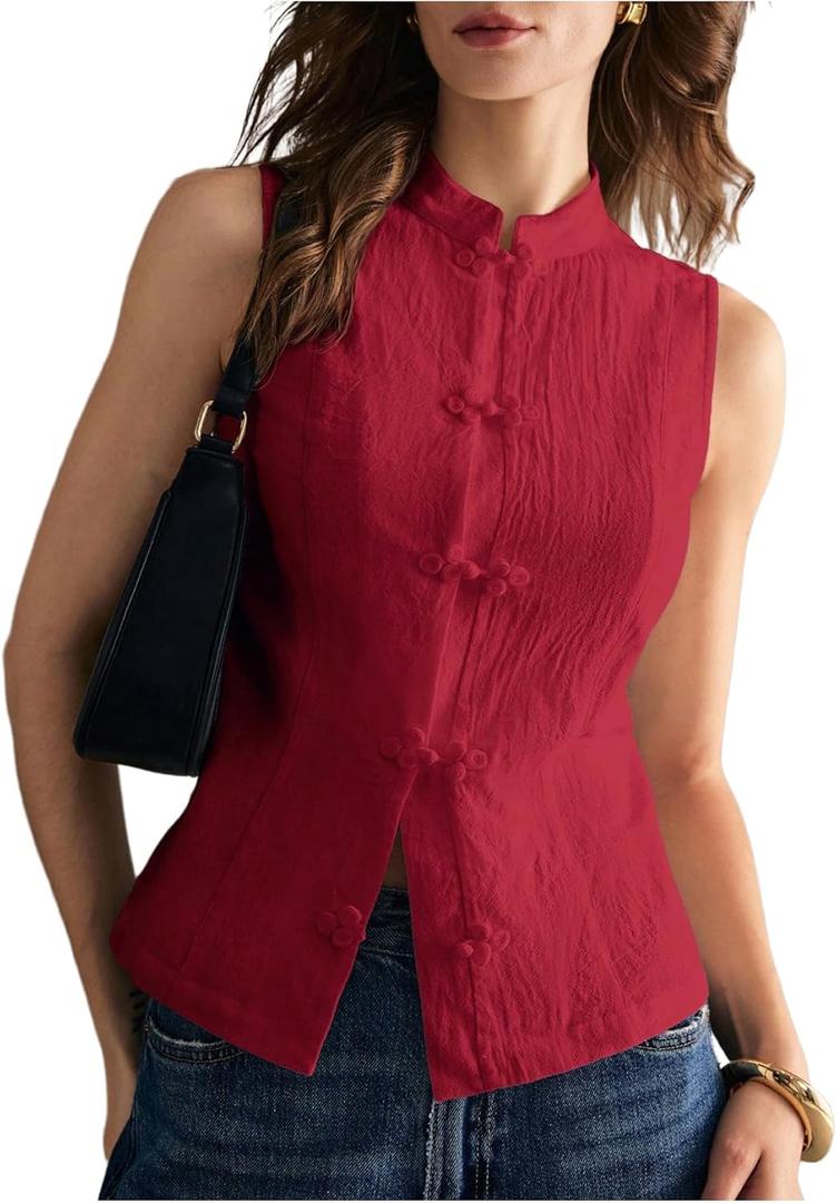 SHENHE Women's Linen Shirt Chinese Frog Button Stand Collar Tank Sleeveless Going Out Tops (Medium)