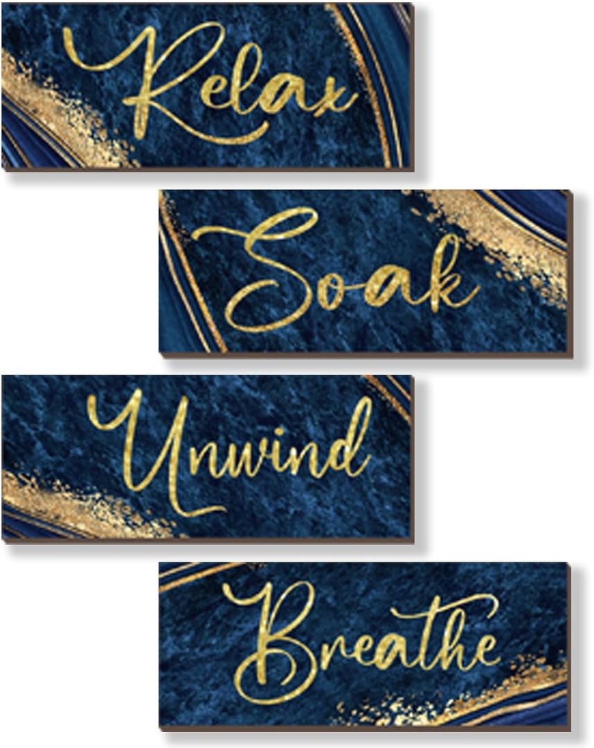 ONIZHITY 4 Pcs Blue and Gold Bathroom Decor Navy Blue Gold Wall Decor Relax Soak Unwind Breathe Wooden Rustic Marble Style Versatile Bathroom Accessories for Bedroom Living Room Decor(10X4)