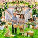 Easter Photo Backdrop for Photography, Spring Rustic Barn Door Theme Backdrops for Photoshoot, Bunny Eggs Green Easter Family Party Decorations 7x5ft