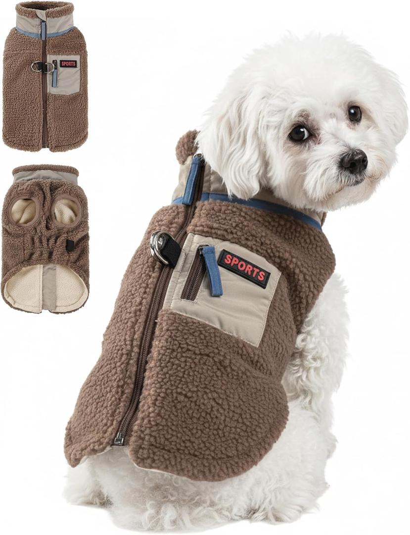 Warm Fleece Dog Jacket,Sweater Vest with Collared and Zipper,Cold Weather Coats for Small Dogs Apparel (coffee), Size Small