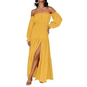 ZESICA Women's 2024 Boho Sexy Off Shoulder Long Sleeve Smocked High Waist Side Split Flowy A Line Tiered Long Maxi Dress, Yellow, X-Large