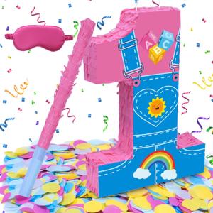 Pink Party Decorations,15.7 Pink Number 1 Pinata with Stick Blindfold Confetti for Girls Boys 1st Anniversary Party Decorations & Supplies(1st)