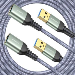 AINOPE 2-Pack USB Extension Cables, High-Speed USB 3.0 Extension Cord, Type A Male to Female, Sturdy Braided Material, Fast Data Transfer, Compatible with USB Keyboard, Mouse, Flash Drive, Grey, 16FT + 16FT