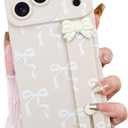 OOK Wrist Strap Case for iPhone 17 Pro, White Bow | With Screen Protector, Adjustable Wristband Kickstand, Slim Soft TPU Protective Cover for Girls & Women