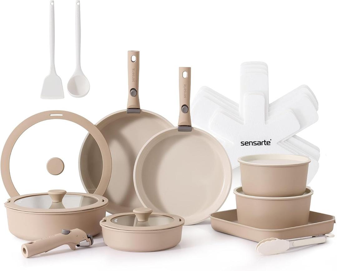 SENSARTE 24 Piece Ceramic Pots and Pans Set, Nonstick Detachable Handle Cookware, Induction Cookware Set with Removable Handle, Healthy Non Stick for RV, DishwasherOven Safe, PFOA Free (Almond Beige), 24 pcs Ceramic Set