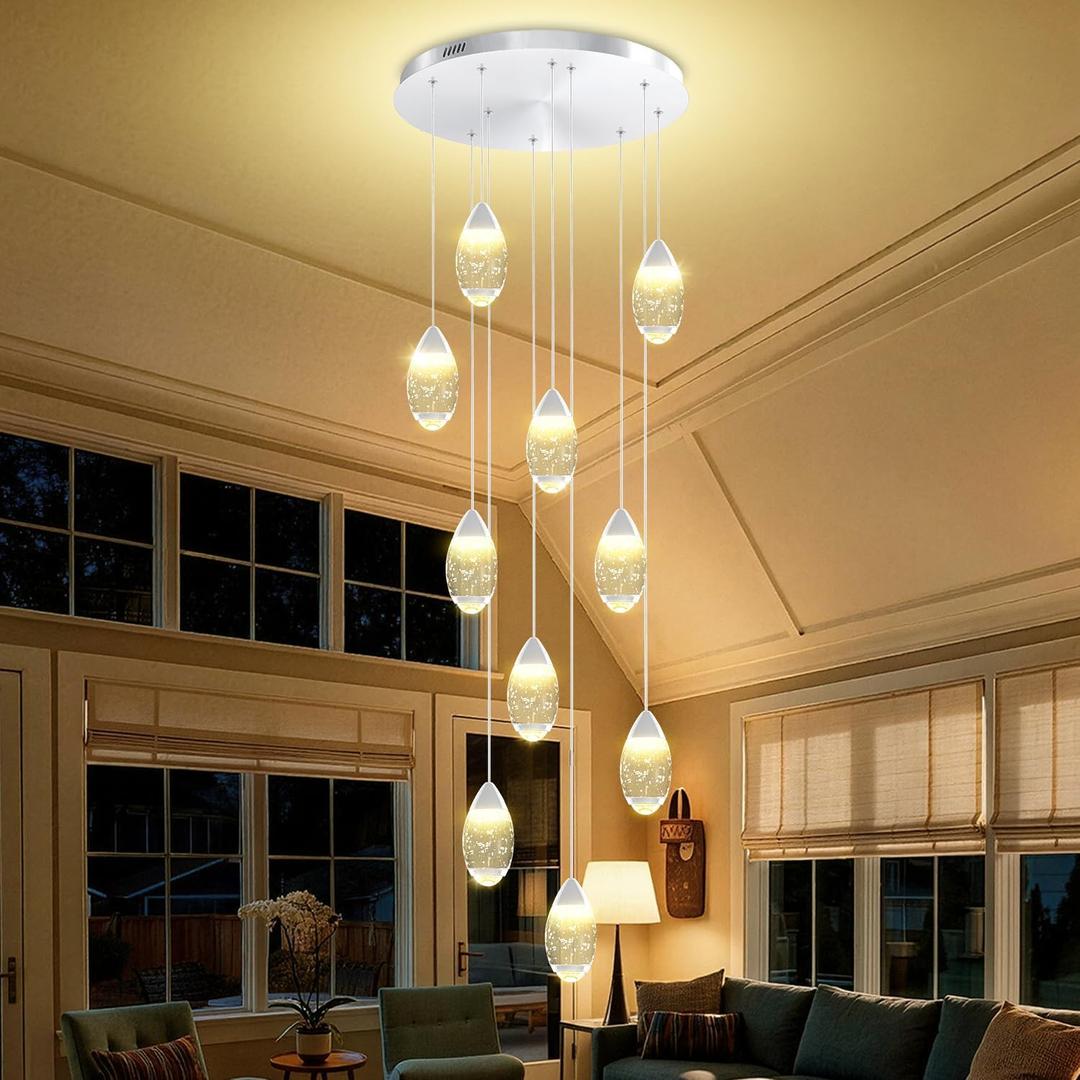 H120 x W20 Modern 10-Light Spiral Staircase Chandelier, Dimmable Adjustable Height Crystal Raindrop Pendant Light for High Ceiling Foyer, Entryway, Dining Room, Living Room