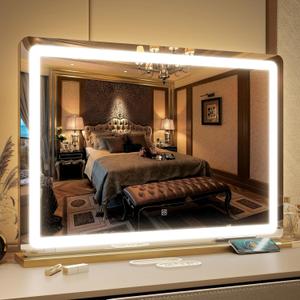 FENNIO Vanity Mirror with Lights 32"x22", Lighted Makeup Mirror, Large Vanity Mirror with Lights, Touch Sensor with 3 Color Lighting,USB Charging Port for Vanity Desk TabletopGold