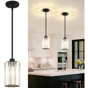 2 Pack Pendant Lights Kitchen Island, Modern Black Pendant Light Fixtures, Mini Chandelier Crystal Kitchen Island Lighting, Hanging Pendant Lights Fixture for Kitchen Island Dining Room Hallway Foyer