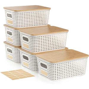 Small Storage Bins with Bamboo Lids, Decorative Plastic Storage Box with Lids, 5QT Stackable Organizing Baskets with Lables for Classroom, Office, Desktop, Closet, Shelf, 10x7.1x4.1 In, White, 6 Pack