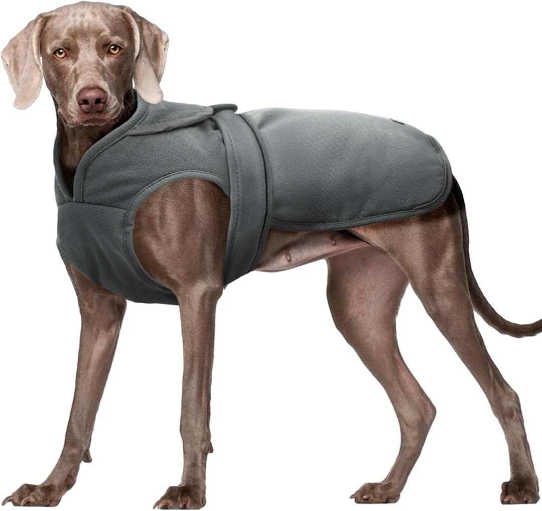 Kuoser Canvas Dog Coat, Warm Dog Jacket Reflective Fleece Pet Cold Weather Coat, Warm Doggie Clothes Waterproof Winter Vest with Zipper Leash Hole for Small Medium Large Dogs, Grey XL
